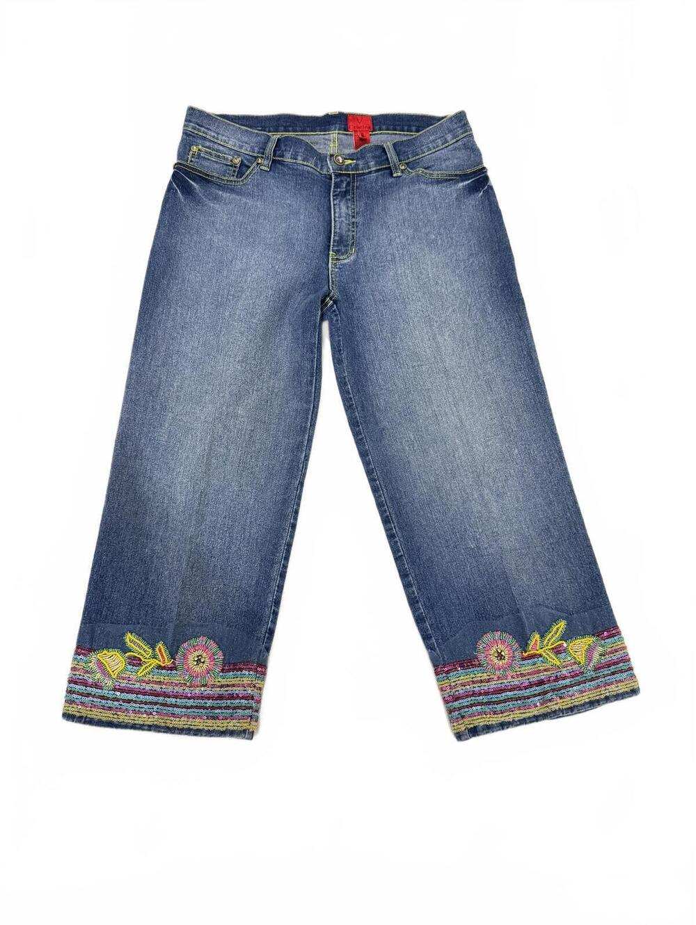V. Cristina Embroidered Floral Cropped Jeans Size 8 Boho Y2K Capri Denim